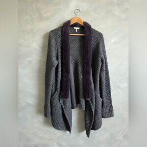 Joie Wool Blend Faux Fur Yak Collar Waterfall Trim Gray Cardigan Open Sz L